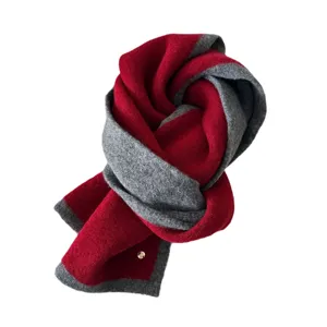Red and grey color block wool winter scarf for women warm cozy neck wrap accessory
