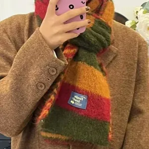 Korean style colorblock striped knitted scarf for women winter warm wool muffler main view