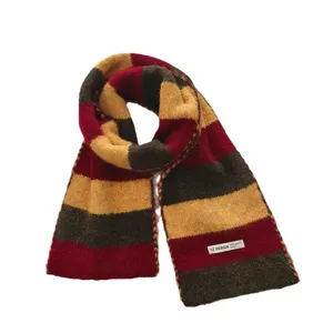 Cozy color block striped knit scarf for women, warm winter fashion neckerchief accessory.