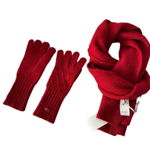 Red wool scarf and gloves set for winter, warm diamond knit winter accessories for cold days.