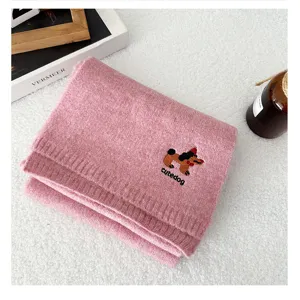 Knit winter scarf with cute dog embroidery, soft pink warm neck wrap, cozy student accessory.