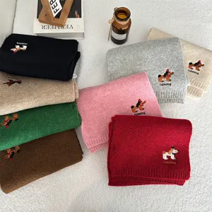 Women knit scarf winter cute puppy embroidery warm neckerchief fashion soft thick muffler