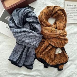Stylish floral pleated scarf for women, elegant autumn winter warm cotton linen neck wrap.