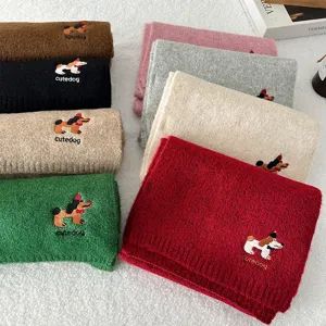 Cute cartoon embroidered puppy knitted scarf for women, warm winter fashion accessory.