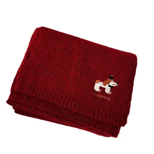 Cozy winter knitted scarf featuring a cute embroidered puppy design for women and students.