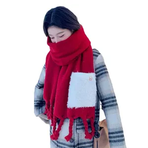 Koreanischer Winter dicker roter Kaschmir-Gefühl Schal mit weißer Plüschtasche und Quasten.