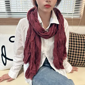 Dark red crinkled cotton linen scarf, vintage plaid winter scarf for women daily wear detail.