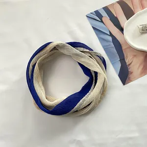 Pleated color-block hair band stylish blue and beige small silk scarf for women hair accessories.