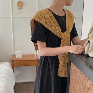 Knitted hollow out women small shawl, sweet solid color tied bolero fake collar for daily wear outfit.