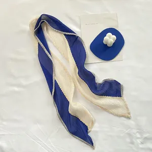 Pleated color-block skinny scarf, chic twilly for hair ribbon or bag accessory, elegant style.