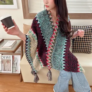 Ethnic style knitted shawl for women, colorful geometric zig-zag pattern cape with tassels.