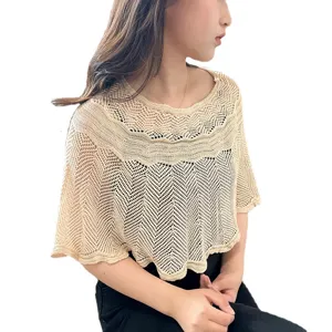 Women's hollow out knitted shawl cape summer short sleeve cover up top elegant beachwear.