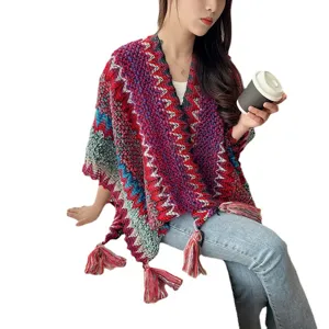 Ethnic style knitted women poncho shawl tassel colorful warm outerwear cape scarf