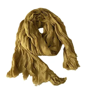 Mustard yellow wrinkled scarf for women, vintage cotton linen accessory for autumn winter.