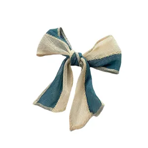 Pleated colorblock bow hair ribbon scarf for women, elegant spring hair accessories.
