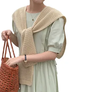 Women knit hollow shawl stylish solid color tie cardigan elegant breathable accessory