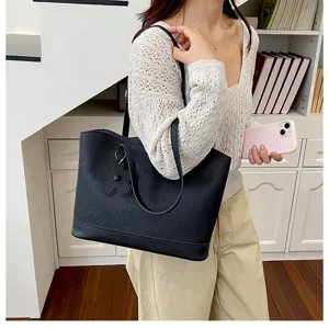 Borsa tote nera minimalista in pelle da donna, grande capacità per il lavoro quotidiano.