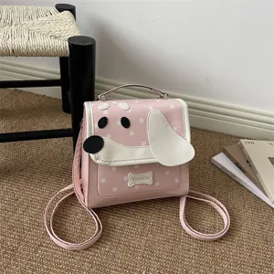 Roze schattige cartoon hond PU lederen rugzak voor dames, casual modieuze dagtas.