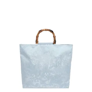 Blaue Stoff Handtasche mit Bambusgriff, stilvolle große Damen Tasche für Fashion Hauptansicht.