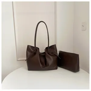 Borsa shopper retrò in pelle PU marrone, elegante borsa a spalla annodata per pendolari.