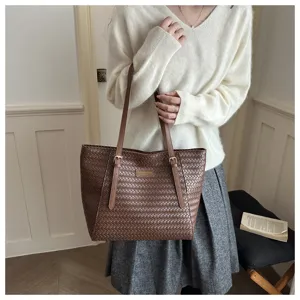 Bolso tote de cuero PU trenzado marrón gran capacidad bolso de hombro informal