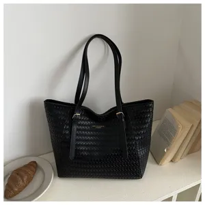 Bolso shopper negro de cuero PU trenzado, gran bolso de hombro elegante para oficina.