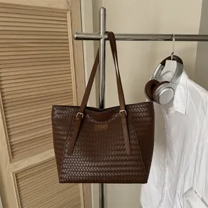 Bolso tote de cuero PU trenzado marrón para mujer, gran capacidad y bolso de hombro informal.