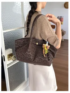 Borsa tote in camoscio con stampa leopardato da donna, grande borsa a spalla retrò per lavoro.