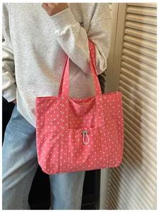 Borsa shopper in tela a pois rosa con tasca coulisse anteriore, elegante borsa a spalla casual.