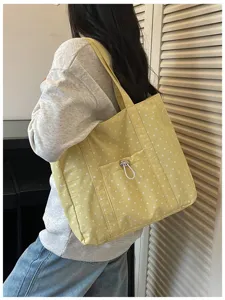 Borsa shopper in tela a pois gialli, borsa a spalla casual leggera da donna per uso quotidiano.