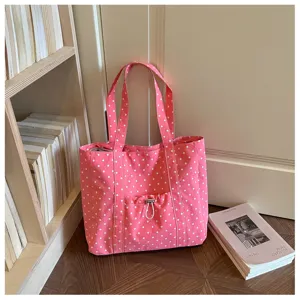 Borsa tote in tela a pois rosa con tasca frontale, grande borsa a spalla casual per il lavoro quotidiano.