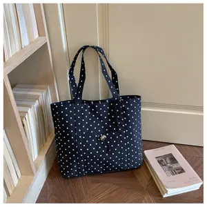 Borsa shopper in tela a pois neri e bianchi, grande borsa a spalla casual di grande capacità.