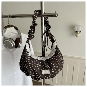 Borsa a tracolla marrone con stampa floreale e pizzo bianco, borsa a spalla vintage casual da donna.