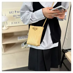 Woven PU leather mini crossbody phone bag for women, stylish minimalist shoulder handbag.