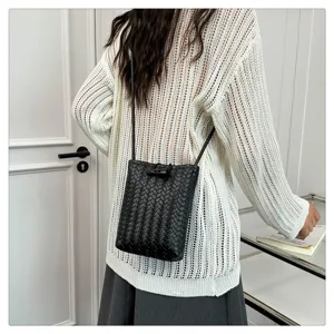 Black Woven PU Leather Crossbody Phone Bag Minimalist Toggle Buckle Casual Shoulder Purse