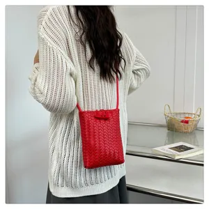 Red woven PU leather crossbody phone bag with cute horn button minimalist mini shoulder bag