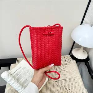 Women Woven PU Leather Crossbody Phone Bag Fashion Solid Color Toggle Buckle Mini Shoulder Bag Simple Korean Style Purse