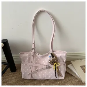 Elegante borsa a spalla rosa a pois con ciondolo di orsetto, grande borsa tote casual da donna.