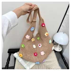 Sac cabas au crochet floral fait main sac d'épaule en tricot élégant fourre-tout décontracté
