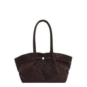 Borsa a tracolla marrone in camoscio con stampa leopardata, grande borsa retro casual autunnale.