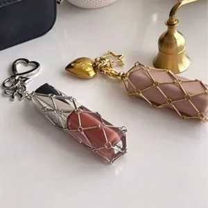 Fashion Metal Mesh Lipstick Holder Case Bag Charm With Heart Star Pendant Zinc Alloy Iron Keychain For Women Daily Accessory