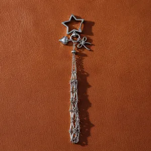 Silver metal star keychain lipstick holder net bag charm with cute heart and bow pendant
