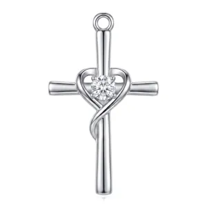 Silver heart zircon cross pendant necklace fashion jewelry accessory sparkling crystal charm