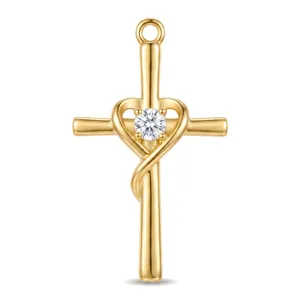 Gold cross heart pendant detail showing shining zircon stone and smooth metal finish items