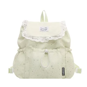 Sac à dos en nylon vert clair avec imprimé étoiles et dentelle, joli cartable étudiant.