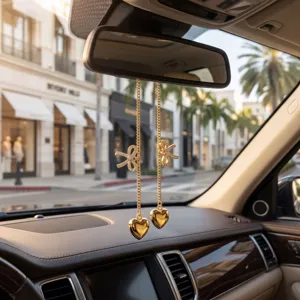 Crystal bow and heart gold chain car rearview mirror pendant stylish auto interior hanging decor