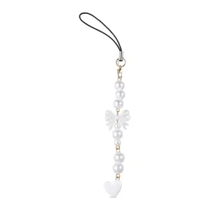 Korean style pearl bow phone charm sweet white heart mobile lanyard cute accessory pendant