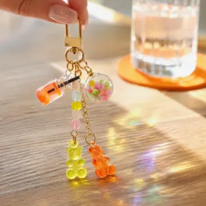 Porte-clés Ours Gummy Mignon Bonbon Arc-en-ciel Tasse Boba Pendentif de Sac Esthétique