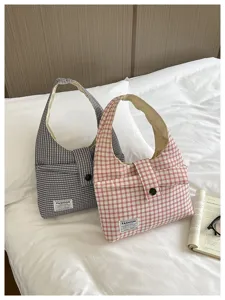 Korean style plaid canvas shoulder tote bag, large capacity casual daily handbag.