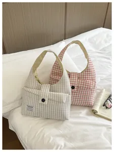 Korean style plaid canvas tote bag for women, large capacity daily shoulder handbag.